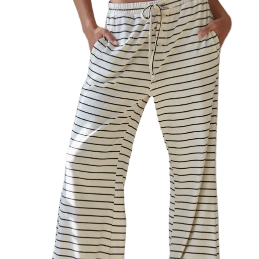 KNIT STRIPED WAIST ELASTIC BAND TIE FLARE PANTS