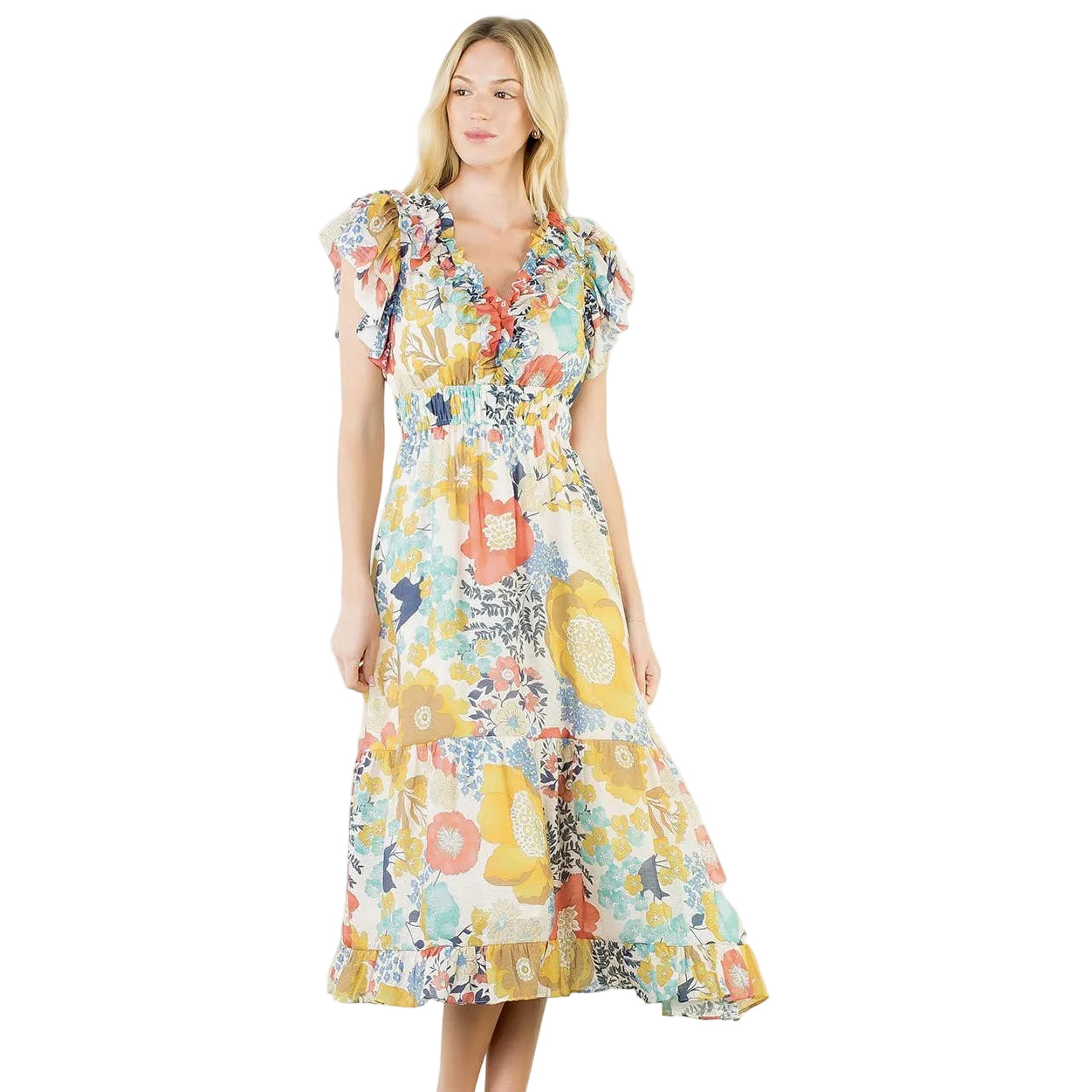 FLUTTER SLEEVE FLORAL PATTERN TIERED DRESS