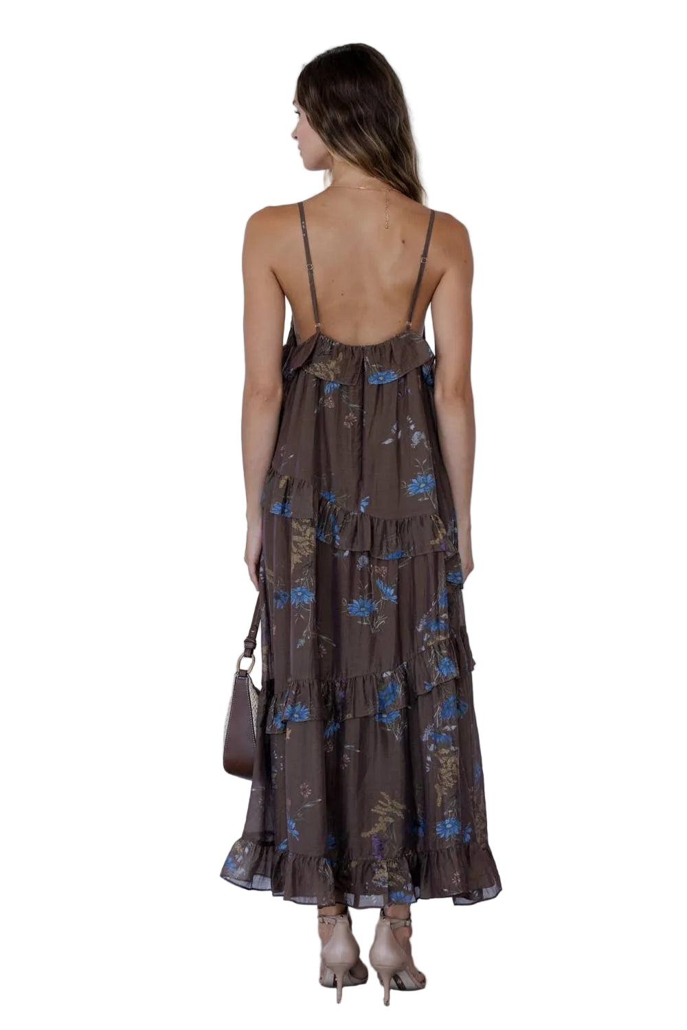 BROWN FLORAL TIERED MAXI DRESS