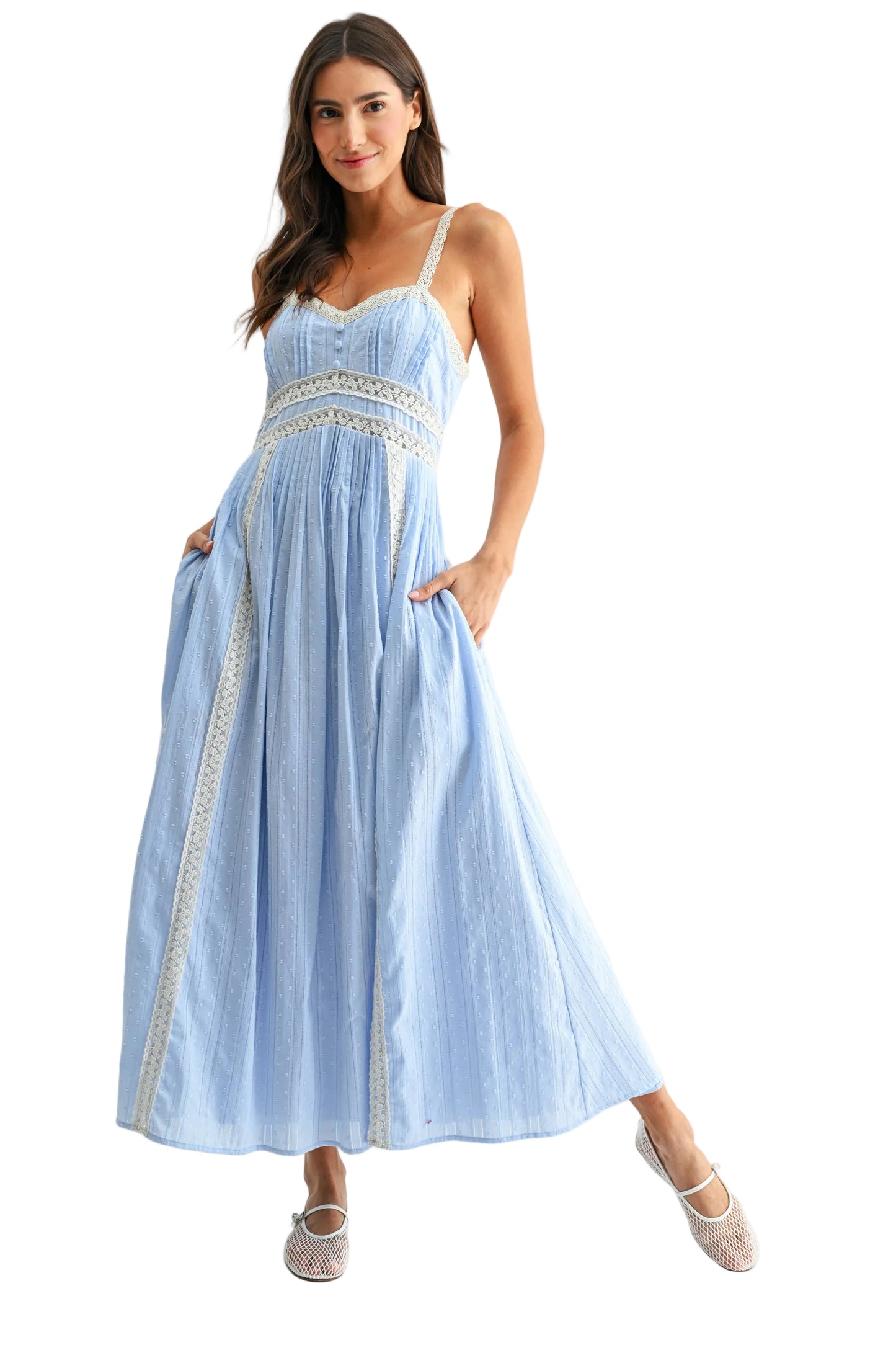 BREEZY BLUE LACE TRIM MAXI SUNDRESS