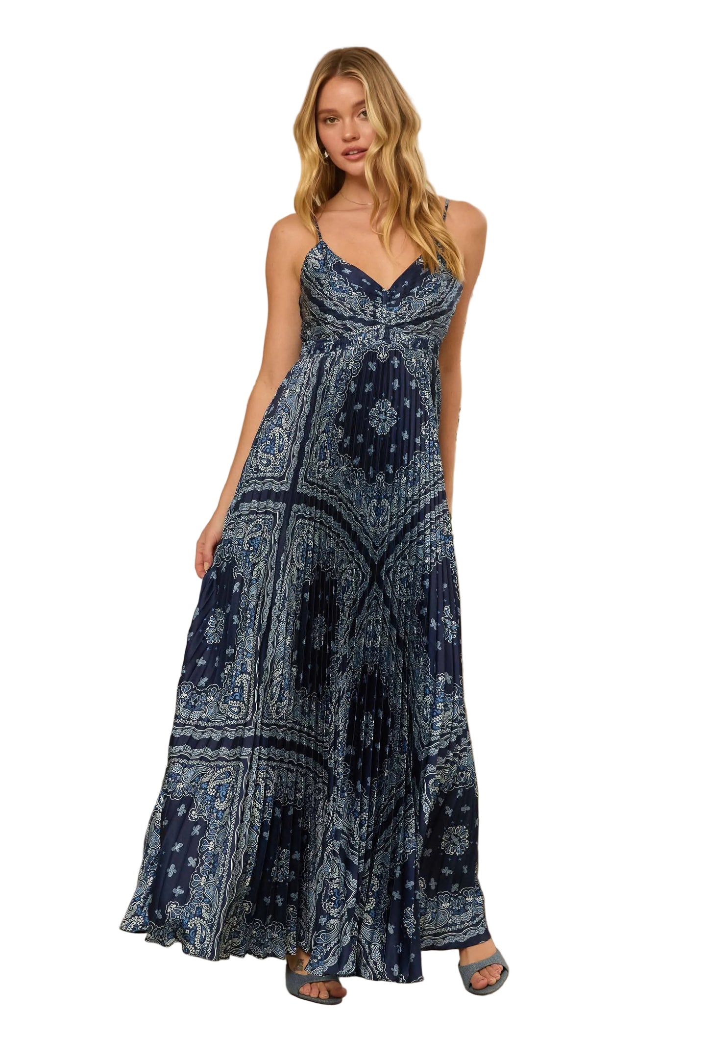 BANDANA PRINT PLEATED MAXI DRESS WITH BACK CUTOUT