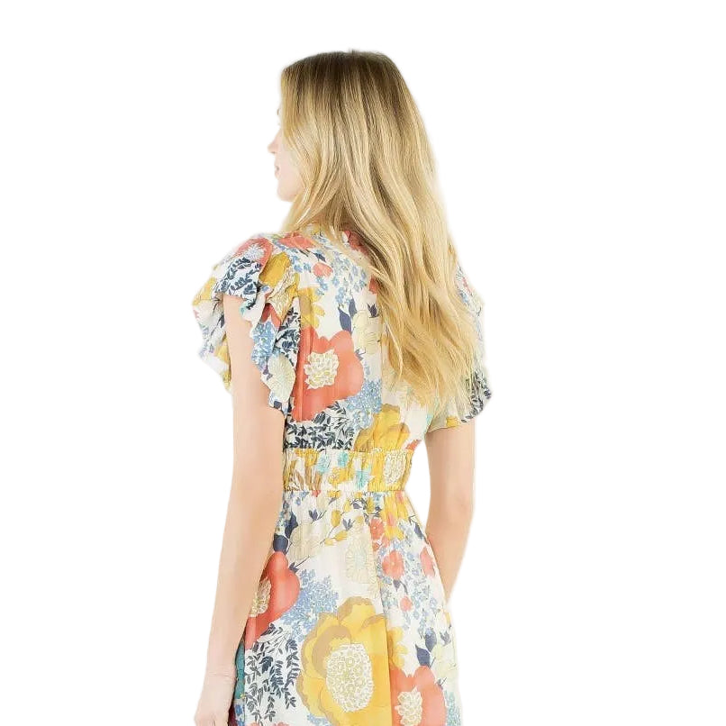 FLUTTER SLEEVE FLORAL PATTERN TIERED DRESS