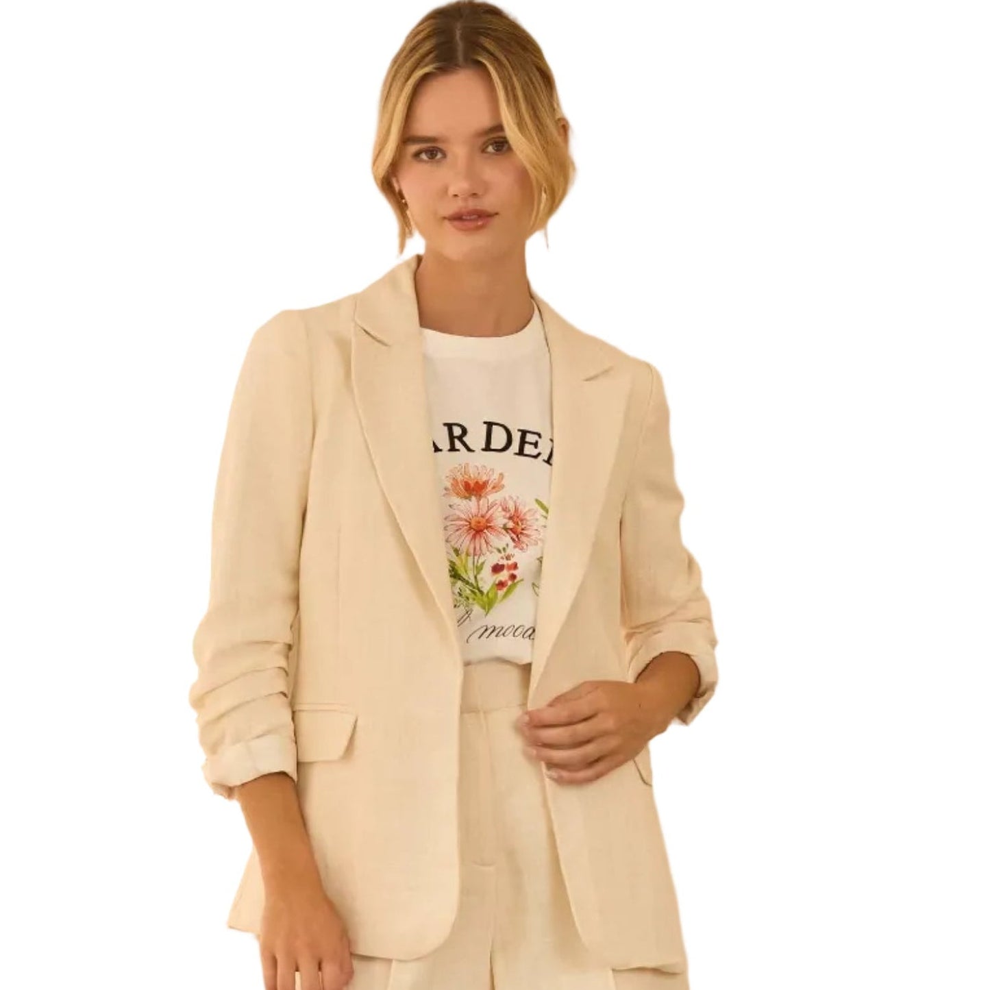 CREAM CINCHED SLEEVE BLAZER