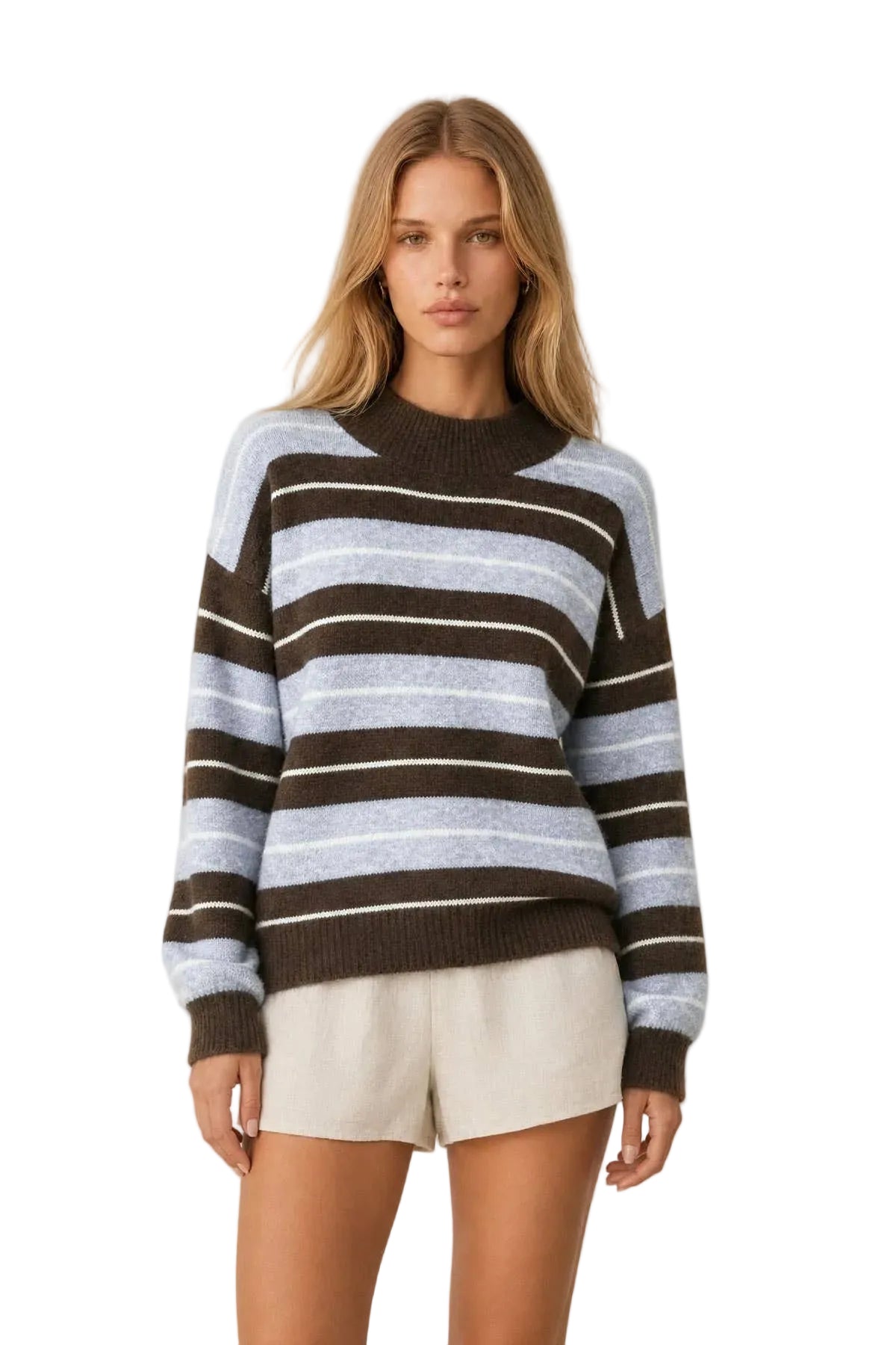 STRIPED MOCK NECK CREW SWEATER