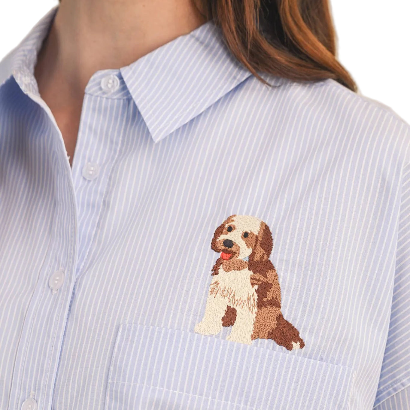 STRIPED BUTTON-DOWN TOP WITH DOG EMBROIDERY