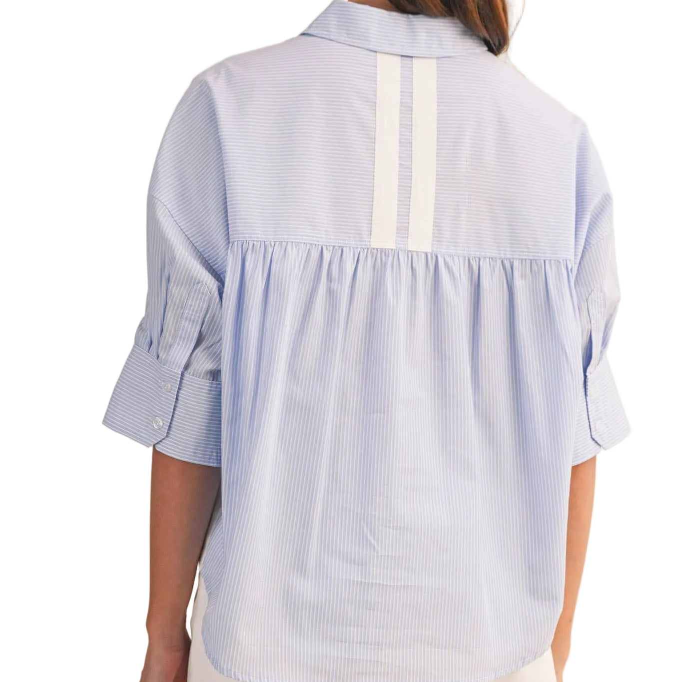 STRIPED BUTTON-DOWN TOP WITH DOG EMBROIDERY