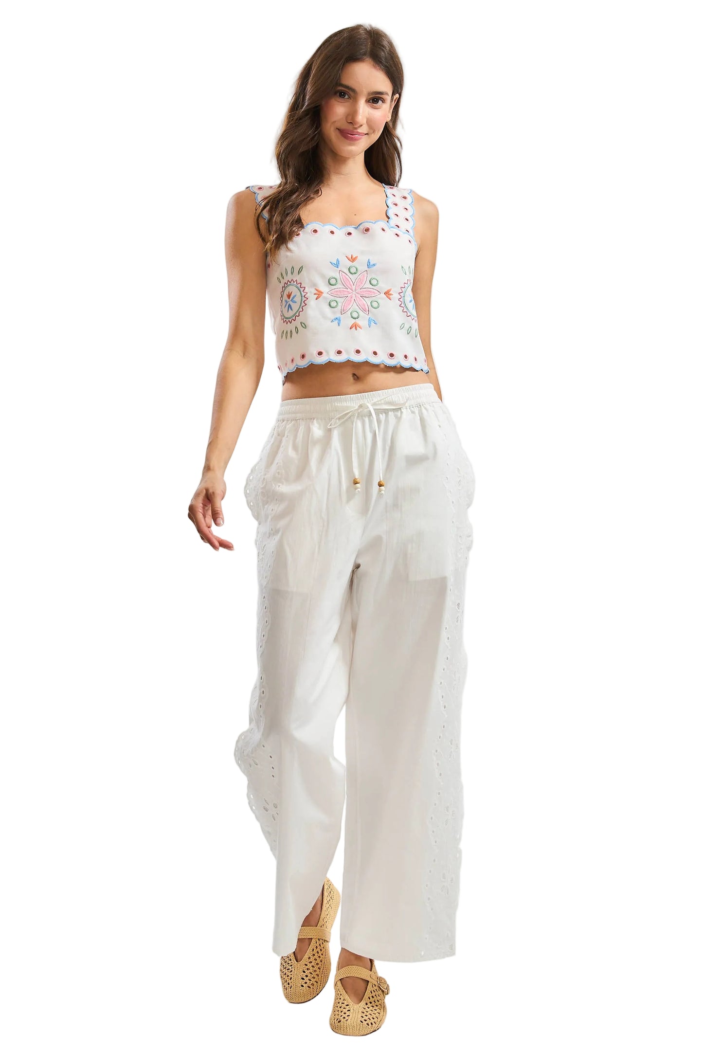 EMBROIDERED EYELET CROPPED SCALLOPED TOP