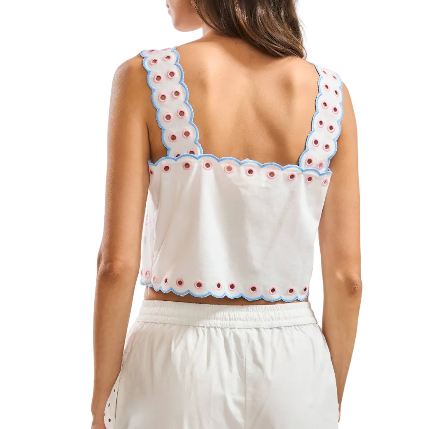 EMBROIDERED EYELET CROPPED SCALLOPED TOP