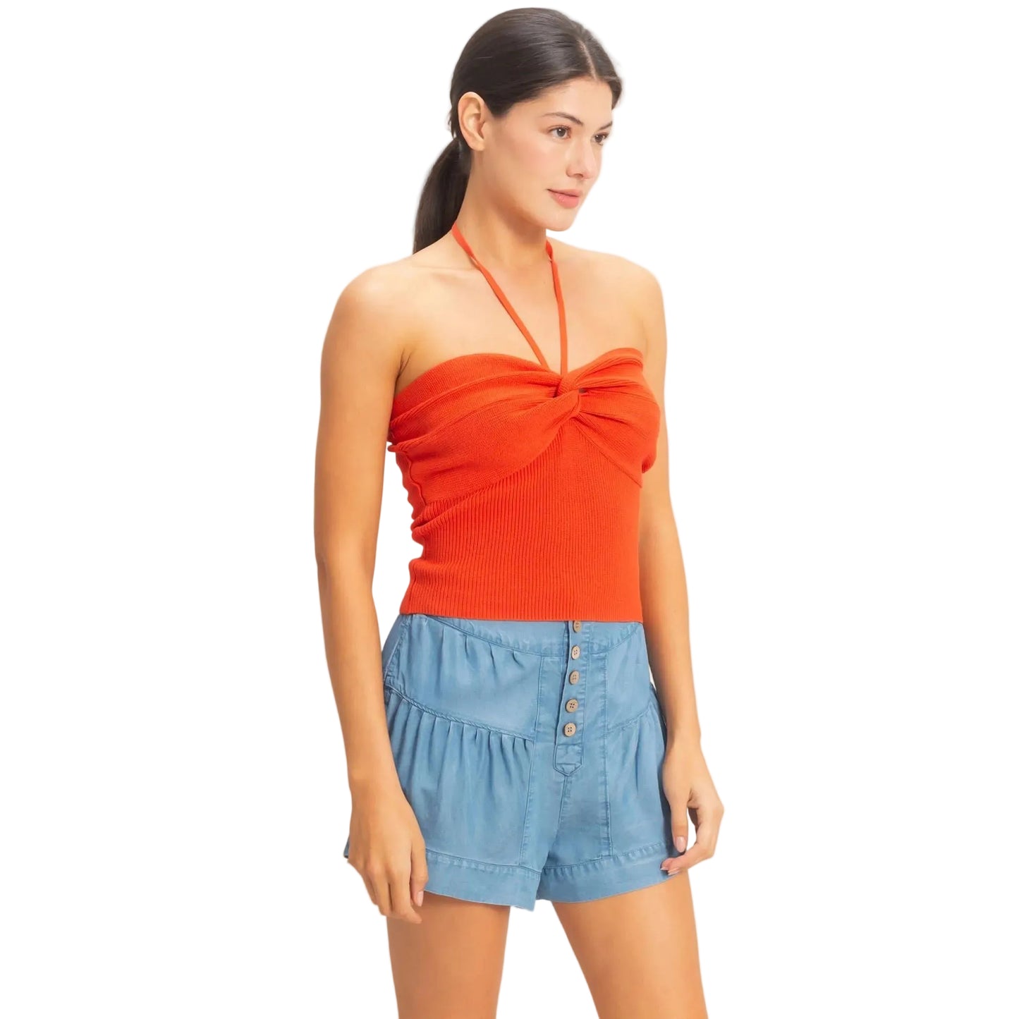 ORANGE RED RIBBED HALTER TOP