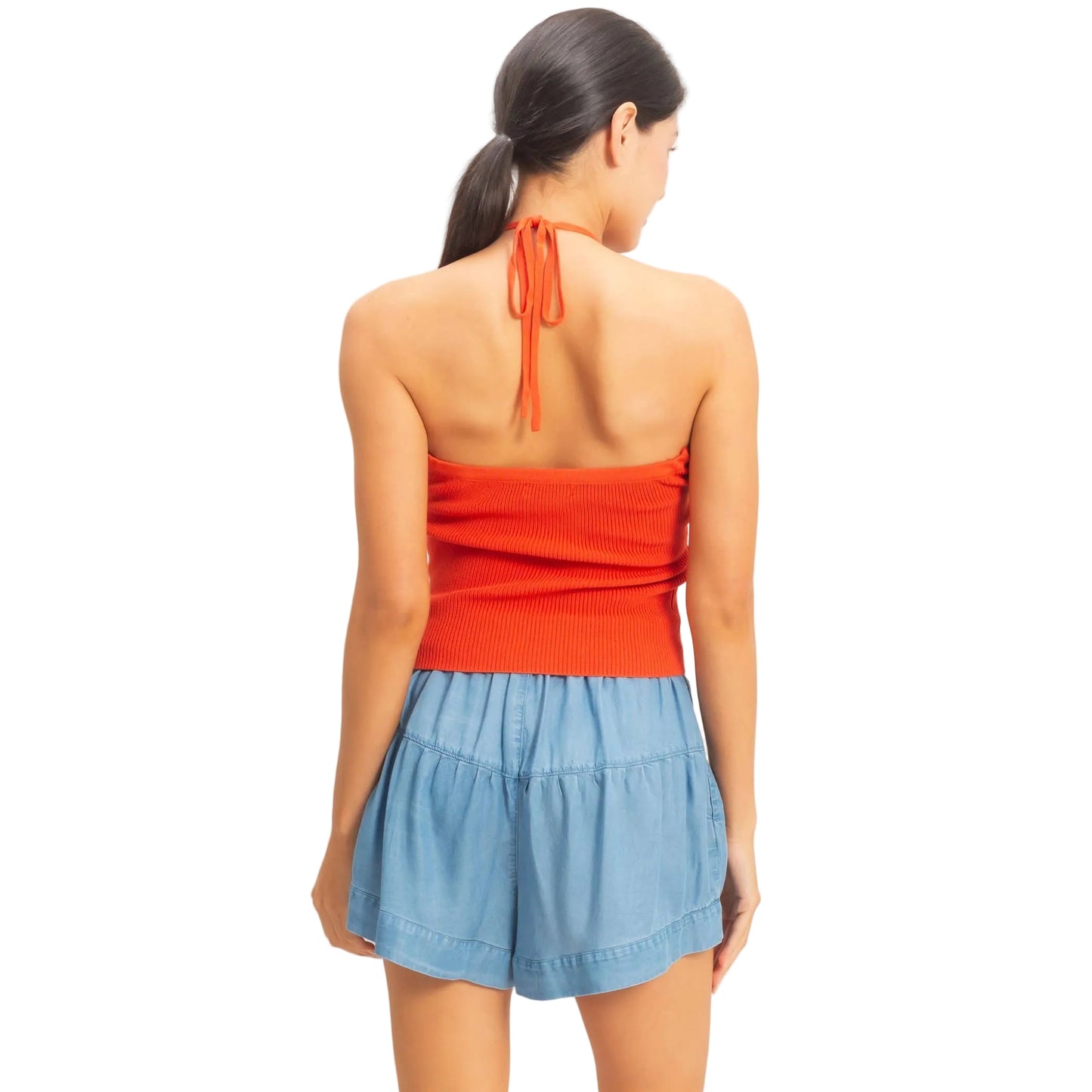 ORANGE RED RIBBED HALTER TOP