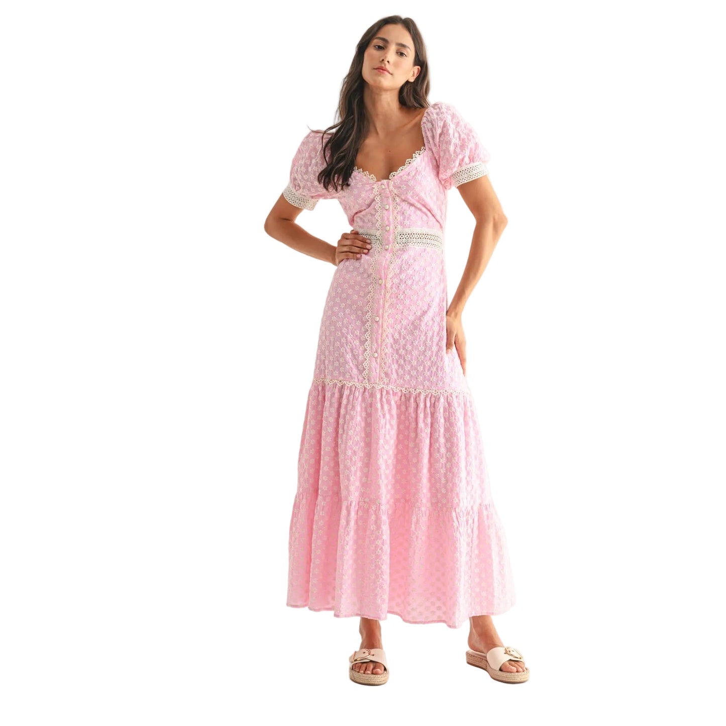 PINK LACE-TRIMMED MAXI DRESS