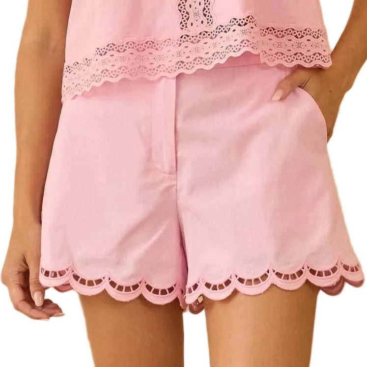 PINK SCALLOP EMBROIDERED HEM SHORTS