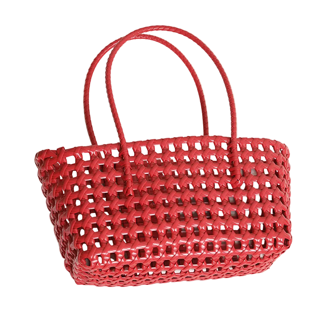 SOLID HOLLOW OUT WOVEN PLASTIC SHOULDER BEACH BAG
