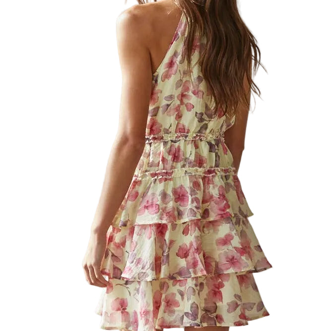 WOVEN TENCEL NYLON FLORAL TIERED RUFFLE HALTER MINI